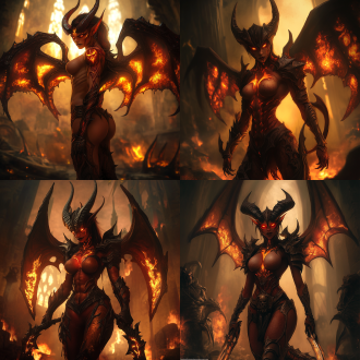 tristram cathedral, female diablo, diablo 4, demon queen, hot figure, full-body photo, close-up of the face, red skin, muscle definition, inferno, high contrast, warm tones, wide-angle shot, side lighting, mysterious, terrifying, powerful, golden glowing tattoo, demon tail, perfect muscles, demon wings