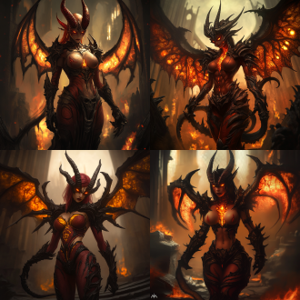 tristram cathedral, female diablo, diablo 4, demon queen, hot figure, full-body photo, close-up of the face, red skin, muscle definition, inferno, high contrast, warm tones, wide-angle shot, side lighting, mysterious, terrifying, powerful, golden glowing tattoo, demon tail, perfect muscles, demon wings