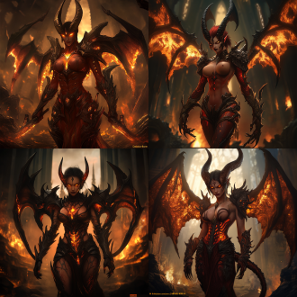 tristram cathedral, female diablo, diablo 4, demon queen, hot figure, full-body photo, close-up of the face, red skin, muscle definition, inferno, high contrast, warm tones, wide-angle shot, side lighting, mysterious, terrifying, powerful, golden glowing tattoo, demon tail, perfect muscles, demon wings