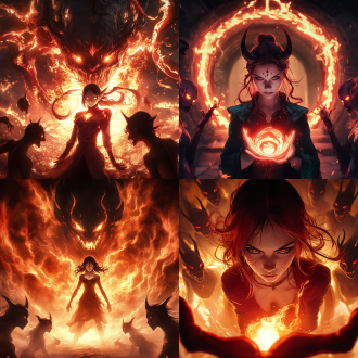 人类女召唤师召唤恶魔，脸部特写，全身照，火辣身材，女性恶魔大军环绕，恶魔之门背景，高对比度，暗色调，广角镜头，侧光，神秘氛围，动态模糊，紧张表情，深邃眼神，暗红色调，神秘感。