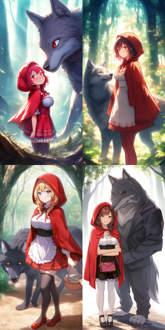 小红帽与宠物大灰狼，森林深处，小红帽身穿紧身红色斗篷，身材曲线明显，面带微笑，大灰狼温顺跟随，眼神柔和，自然光线，广角镜头，柔和色调，互动，温馨氛围。