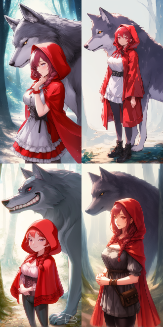 小红帽与宠物大灰狼，森林深处，小红帽身穿紧身红色斗篷，身材曲线明显，面带微笑，大灰狼温顺跟随，眼神柔和，自然光线，广角镜头，柔和色调，互动，温馨氛围。