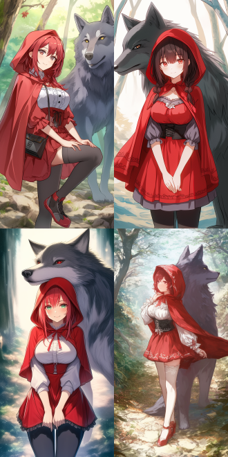 小红帽与宠物大灰狼，森林深处，小红帽身穿紧身红色斗篷，身材曲线明显，面带微笑，大灰狼温顺跟随，眼神柔和，自然光线，广角镜头，柔和色调，互动，温馨氛围。
