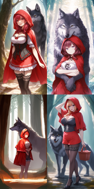 小红帽与宠物大灰狼，森林深处，小红帽身穿紧身红色斗篷，身材曲线明显，面带微笑，大灰狼温顺跟随，眼神柔和，自然光线，广角镜头，柔和色调，互动，温馨氛围。
