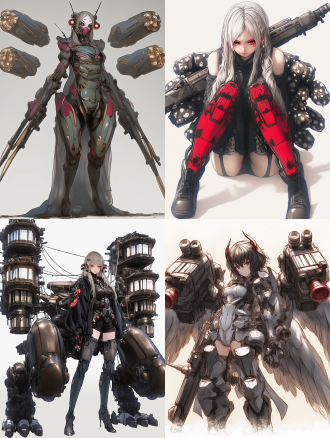 机甲女孩，全身照，白色背景，科技感，未来感，曲线优美，重装武器，机械外骨骼，高对比度，冷色调，广角镜头，顶光，细节丰富，力量感，冷静。