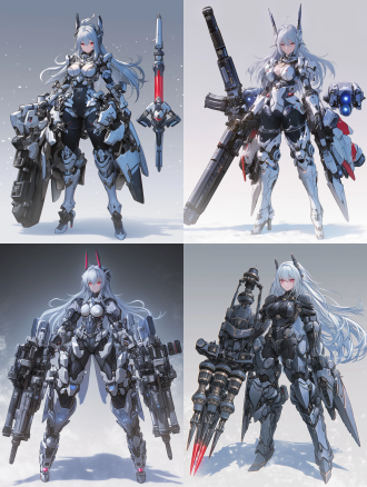 机甲女孩，重装机甲，机械外骨骼，重装武器，身材曲线优美，半身像，金属质感，冷色调，高对比度，硬光，广角镜头，科技感，力量感，未来感。