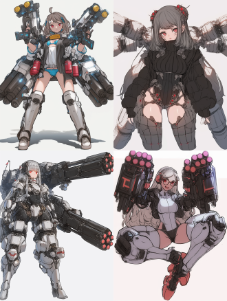 机甲女孩，全身照，白色背景，科技感，未来感，曲线优美，重装武器，机械外骨骼，高对比度，冷色调，广角镜头，顶光，细节丰富，力量感，冷静。