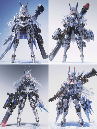机甲女孩，重装机甲，机械外骨骼，重装武器，身材曲线优美，半身像，金属质感，冷色调，高对比度，硬光，广角镜头，科技感，力量感，未来感。