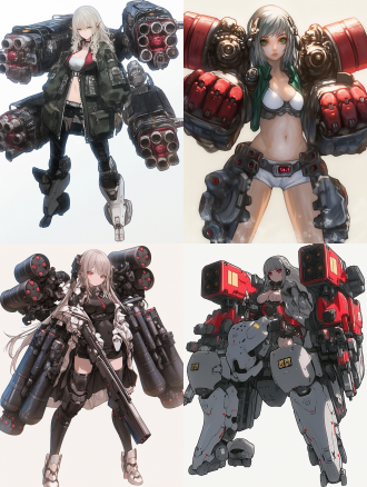 机甲女孩，全身照，白色背景，科技感，未来感，曲线优美，重装武器，机械外骨骼，高对比度，冷色调，广角镜头，顶光，细节丰富，力量感，冷静。