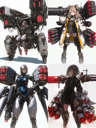 机甲女孩，全身照，白色背景，科技感，未来感，曲线优美，重装武器，机械外骨骼，高对比度，冷色调，广角镜头，顶光，细节丰富，力量感，冷静。