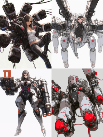 机甲女孩，全身照，白色背景，科技感，未来感，曲线优美，重装武器，机械外骨骼，高对比度，冷色调，广角镜头，顶光，细节丰富，力量感，冷静。