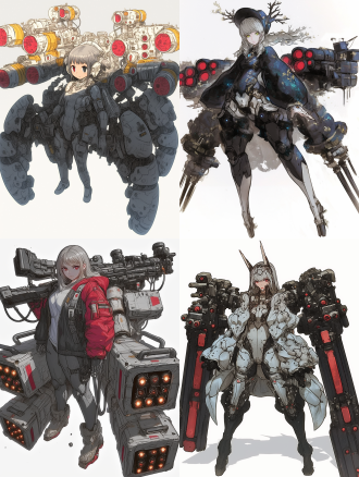 机甲女孩，全身照，白色背景，科技感，未来感，曲线优美，重装武器，机械外骨骼，高对比度，冷色调，广角镜头，顶光，细节丰富，力量感，冷静。