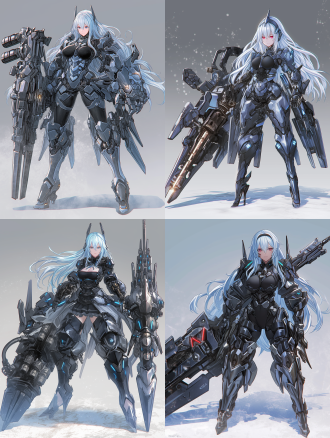 机甲女孩，重装机甲，机械外骨骼，重装武器，身材曲线优美，半身像，金属质感，冷色调，高对比度，硬光，广角镜头，科技感，力量感，未来感。