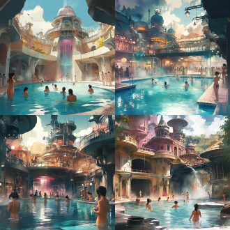 a large number of female tourists are washing their bodies, enjoying hot springs, water parks, dark fantasy mechanical landscapes, towering ancient architecture intertwined with futuristic machinery, gothic architecture merging with steam punk gear pipes, dreamy atmosphere, dramatic lighting, metallic and neon highlights, swirling mist clouds, the fusion of nature and technology, mysterious darkness, inspired by hisaya nakajo's style, fantasy science fiction aesthetics, surreal exotic environment, highly detailed decorative design, soft watercolor shadows contrasting with sharp metal, 01l, arthur rackham, delicate loose line sketches, rough dynamic ink strokes, unfinished artistic feel, visible paper texture, dynamic posture, fantastical surrealism, water wash