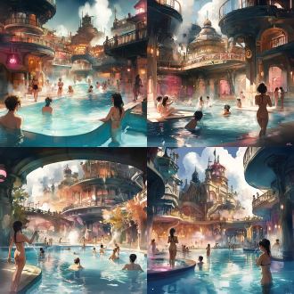 a large number of female tourists are washing their bodies, enjoying hot springs, water parks, dark fantasy mechanical landscapes, towering ancient architecture intertwined with futuristic machinery, gothic architecture merging with steam punk gear pipes, dreamy atmosphere, dramatic lighting, metallic and neon highlights, swirling mist clouds, the fusion of nature and technology, mysterious darkness, inspired by hisaya nakajo's style, fantasy science fiction aesthetics, surreal exotic environment, highly detailed decorative design, soft watercolor shadows contrasting with sharp metal, 01l, arthur rackham, delicate loose line sketches, rough dynamic ink strokes, unfinished artistic feel, visible paper texture, dynamic posture, fantastical surrealism, water wash