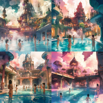 a large number of female tourists are washing their bodies, enjoying hot springs, water parks, dark fantasy mechanical landscapes, towering ancient architecture intertwined with futuristic machinery, gothic architecture merging with steam punk gear pipes, dreamy atmosphere, dramatic lighting, metallic and neon highlights, swirling mist clouds, the fusion of nature and technology, mysterious darkness, inspired by hisaya nakajo's style, fantasy science fiction aesthetics, surreal exotic environment, highly detailed decorative design, soft watercolor shadows contrasting with sharp metal, 01l, arthur rackham, delicate loose line sketches, rough dynamic ink strokes, unfinished artistic feel, visible paper texture, dynamic posture, fantastical surrealism, water wash