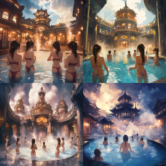 a large number of young ladies are washing their bodies, enjoying hot springs, water parks,dark fantasy mechanical landscapes, towering ancient architecture intertwined with futuristic machinery, gothic architecture merging with steam punk gear pipes, dreamy atmosphere, dramatic lighting, metallic and neon highlights, swirling mist clouds, the fusion of nature and technology, mysterious darkness, inspired by hisaya nakajo's style, fantasy science fiction aesthetics, surreal exotic environment, highly detailed decorative design, soft watercolor shadows contrasting with sharp metal, 01l, arthur rackham, delicate loose line sketches, rough dynamic ink strokes, unfinished artistic feel, visible paper texture, dynamic posture, fantastical surrealism, water wash, japanese hot springs,onsen