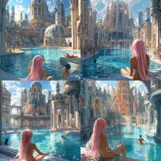 drawcrowd, a pool inside the giant palace, long flowing pink hair, depicted as a scifi scene, bathhouse, tall factory, protagonist in foreground, 2 0 1 9 anime, inspired by pu hua, chinese water color, artist rendition, paradise garden massage, fantasy buildings, with a figure in the background
