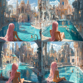 drawcrowd, a pool inside the giant palace, long flowing pink hair, depicted as a scifi scene, bathhouse, tall factory, protagonist in foreground, 2 0 1 9 anime, inspired by pu hua, chinese water color, artist rendition, paradise garden massage, fantasy buildings, with a figure in the background