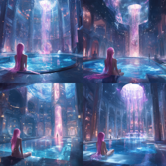 drawcrowd, a pool inside the giant palace, long flowing pink hair, depicted as a scifi scene, bathhouse, tall factory, protagonist in foreground, 2 0 1 9 anime, inspired by pu hua, chinese water color, artist rendition, paradise garden massage, fantasy buildings, with a figure in the background