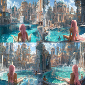 drawcrowd, a pool inside the giant palace, long flowing pink hair, depicted as a scifi scene, bathhouse, tall factory, protagonist in foreground, 2 0 1 9 anime, inspired by pu hua, chinese water color, artist rendition, paradise garden massage, fantasy buildings, with a figure in the background