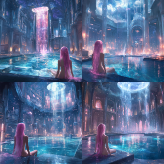drawcrowd, a pool inside the giant palace, long flowing pink hair, depicted as a scifi scene, bathhouse, tall factory, protagonist in foreground, 2 0 1 9 anime, inspired by pu hua, chinese water color, artist rendition, paradise garden massage, fantasy buildings, with a figure in the background