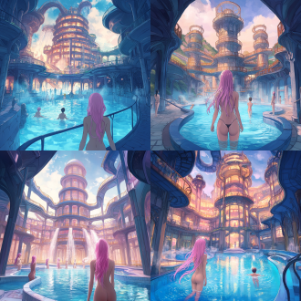 drawcrowd, a pool inside the giant palace, long flowing pink hair, depicted as a scifi scene, bathhouse, tall factory, protagonist in foreground, 2 0 1 9 anime, inspired by pu hua, chinese water color, artist rendition, paradise garden massage, fantasy buildings, with a figure in the background