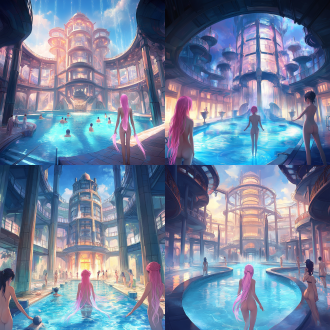 drawcrowd, a pool inside the giant palace, long flowing pink hair, depicted as a scifi scene, bathhouse, tall factory, protagonist in foreground, 2 0 1 9 anime, inspired by pu hua, chinese water color, artist rendition, paradise garden massage, fantasy buildings, with a figure in the background
