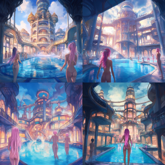 drawcrowd, a pool inside the giant palace, long flowing pink hair, depicted as a scifi scene, bathhouse, tall factory, protagonist in foreground, 2 0 1 9 anime, inspired by pu hua, chinese water color, artist rendition, paradise garden massage, fantasy buildings, with a figure in the background