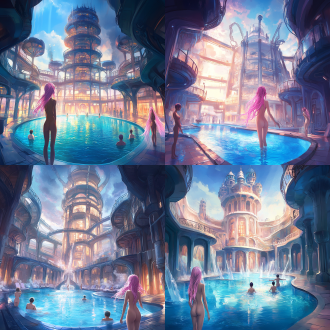 drawcrowd, a pool inside the giant palace, long flowing pink hair, depicted as a scifi scene, bathhouse, tall factory, protagonist in foreground, 2 0 1 9 anime, inspired by pu hua, chinese water color, artist rendition, paradise garden massage, fantasy buildings, with a figure in the background