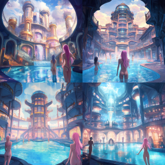 drawcrowd, a pool inside the giant palace, long flowing pink hair, depicted as a scifi scene, bathhouse, tall factory, protagonist in foreground, 2 0 1 9 anime, inspired by pu hua, chinese water color, artist rendition, paradise garden massage, fantasy buildings, with a figure in the background