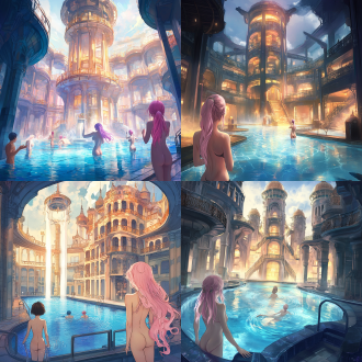 drawcrowd, a pool inside the giant palace, long flowing pink hair, depicted as a scifi scene, bathhouse, tall factory, protagonist in foreground, 2 0 1 9 anime, inspired by pu hua, chinese water color, artist rendition, paradise garden massage, fantasy buildings, with a figure in the background
