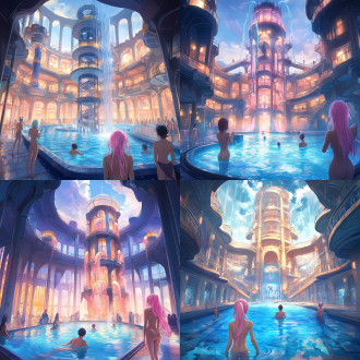 drawcrowd, a pool inside the giant palace, long flowing pink hair, depicted as a scifi scene, bathhouse, tall factory, protagonist in foreground, 2 0 1 9 anime, inspired by pu hua, chinese water color, artist rendition, paradise garden massage, fantasy buildings, with a figure in the background