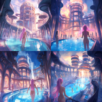 drawcrowd, a pool inside the giant palace, long flowing pink hair, depicted as a scifi scene, bathhouse, tall factory, protagonist in foreground, 2 0 1 9 anime, inspired by pu hua, chinese water color, artist rendition, paradise garden massage, fantasy buildings, with a figure in the background