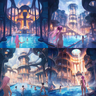 drawcrowd, a pool inside the giant palace, long flowing pink hair, depicted as a scifi scene, bathhouse, tall factory, protagonist in foreground, 2 0 1 9 anime, inspired by pu hua, chinese water color, artist rendition, paradise garden massage, fantasy buildings, with a figure in the background