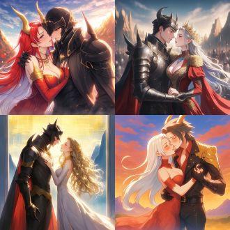 human prince, female demon, mutual caress, romantic scene, close interaction, affectionate gaze, mysterious atmosphere, luxurious attire, golden headpiece, red and gold interwoven, silver and black armor, black helmet, sky background, mountain background, fantastical colors, romantic ambiance, close relationship, love story, mysterious charm, graceful figure, kiss