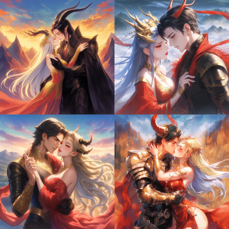 human prince, female demon, mutual caress, romantic scene, close interaction, affectionate gaze, mysterious atmosphere, luxurious attire, golden headpiece, red and gold interwoven, silver and black armor, black helmet, sky background, mountain background, fantastical colors, romantic ambiance, close relationship, love story, mysterious charm, graceful figure, kiss