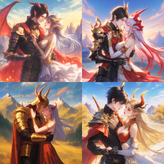 human prince, female demon, mutual caress, romantic scene, close interaction, affectionate gaze, mysterious atmosphere, luxurious attire, golden headpiece, red and gold interwoven, silver and black armor, black helmet, sky background, mountain background, fantastical colors, romantic ambiance, close relationship, love story, mysterious charm, graceful figure, kiss