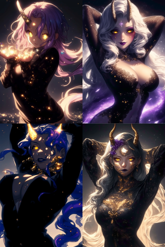 神秘女性, 星空背景, 金色光环, 紫色与蓝色长发, 黄色眼睛, 黑色服饰, 金色装饰, 神秘氛围, 梦幻色彩, 身材曲线优美