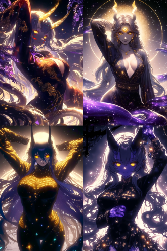 神秘女性, 星空背景, 金色光环, 紫色与蓝色长发, 黄色眼睛, 黑色服饰, 金色装饰, 神秘氛围, 梦幻色彩, 身材曲线优美