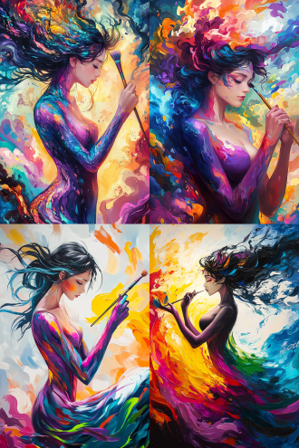 在这幅人体彩绘，一位女性角色仿佛从画布上跃然而出，她以一种独特的姿态展现在我们眼前。 🎨她的身体被五彩斑斓的油漆所覆盖，就像是被调色盘上的色彩所拥抱。这些色彩交织在一起，形成了一种独特的纹理和质感，让人不禁为画家的巧思所折服。身上未被衣服覆盖，身体轮廓的曲线清晰可见，身材曲线优美。👩‍🦰她的头发如同夜色中的绸缎，闪烁着乌黑的光泽。部分头发被油漆所沾染，但这并没有影响她的美丽，反而增添了几分野性和不羁。头发的轮廓在画布上勾勒出一道道优美的弧线，让人仿佛能够感受到她发丝间的微风拂动。 🖌️她手持画笔，就像是一位正在创作的魔法师。手部虽然也被油漆所覆盖，但手指部分却巧妙地露了出来，让我们能够感受到她创作时的专注与热情。画笔在她的手中舞动，就像是在画布上绘制着生命的轨迹。 整个画面充满了梦幻般的氛围，背景中的色彩渐变如同天空中的云彩，为整个画面增添了一种神秘和浪漫的气息。这位女性角色仿佛就是这幅画的灵魂，她的存在让整个画面都充满了生机和活力。