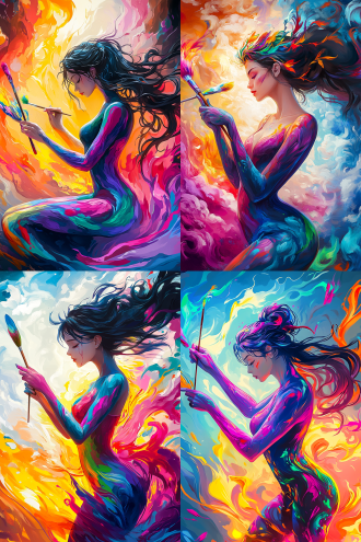 在这幅人体彩绘，一位女性角色仿佛从画布上跃然而出，她以一种独特的姿态展现在我们眼前。 🎨她的身体被五彩斑斓的油漆所覆盖，就像是被调色盘上的色彩所拥抱。这些色彩交织在一起，形成了一种独特的纹理和质感，让人不禁为画家的巧思所折服。身上未被衣服覆盖，身体轮廓的曲线清晰可见，身材曲线优美。👩‍🦰她的头发如同夜色中的绸缎，闪烁着乌黑的光泽。部分头发被油漆所沾染，但这并没有影响她的美丽，反而增添了几分野性和不羁。头发的轮廓在画布上勾勒出一道道优美的弧线，让人仿佛能够感受到她发丝间的微风拂动。 🖌️她手持画笔，就像是一位正在创作的魔法师。手部虽然也被油漆所覆盖，但手指部分却巧妙地露了出来，让我们能够感受到她创作时的专注与热情。画笔在她的手中舞动，就像是在画布上绘制着生命的轨迹。 整个画面充满了梦幻般的氛围，背景中的色彩渐变如同天空中的云彩，为整个画面增添了一种神秘和浪漫的气息。这位女性角色仿佛就是这幅画的灵魂，她的存在让整个画面都充满了生机和活力。