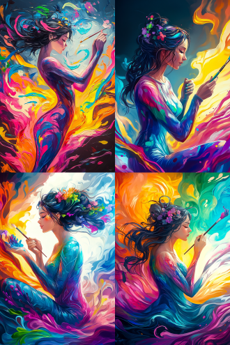 在这幅人体彩绘，一位女性角色仿佛从画布上跃然而出，她以一种独特的姿态展现在我们眼前。 🎨她的身体被五彩斑斓的油漆所覆盖，就像是被调色盘上的色彩所拥抱。这些色彩交织在一起，形成了一种独特的纹理和质感，让人不禁为画家的巧思所折服。身上未被衣服覆盖，身体轮廓的曲线清晰可见，身材曲线优美。👩‍🦰她的头发如同夜色中的绸缎，闪烁着乌黑的光泽。部分头发被油漆所沾染，但这并没有影响她的美丽，反而增添了几分野性和不羁。头发的轮廓在画布上勾勒出一道道优美的弧线，让人仿佛能够感受到她发丝间的微风拂动。 🖌️她手持画笔，就像是一位正在创作的魔法师。手部虽然也被油漆所覆盖，但手指部分却巧妙地露了出来，让我们能够感受到她创作时的专注与热情。画笔在她的手中舞动，就像是在画布上绘制着生命的轨迹。 整个画面充满了梦幻般的氛围，背景中的色彩渐变如同天空中的云彩，为整个画面增添了一种神秘和浪漫的气息。这位女性角色仿佛就是这幅画的灵魂，她的存在让整个画面都充满了生机和活力。