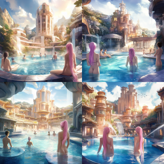 a pool inside the giant palace, long flowing pink hair, depicted as a scifi scene, bathhouse, tall factory, protagonist in foreground, artist rendition, paradise garden massage, fantasy buildings, with several graceful figures in the background，lady luxurious onsens，utopian,from nature journal