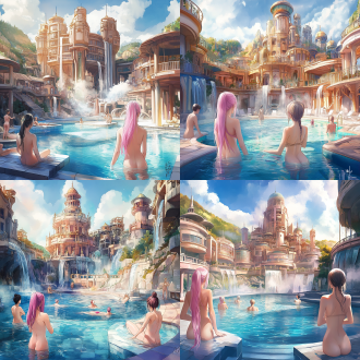 a pool inside the giant palace, long flowing pink hair, depicted as a scifi scene, bathhouse, tall factory, protagonist in foreground, artist rendition, paradise garden massage, fantasy buildings, with several graceful figures in the background，lady luxurious onsens，utopian,from nature journal