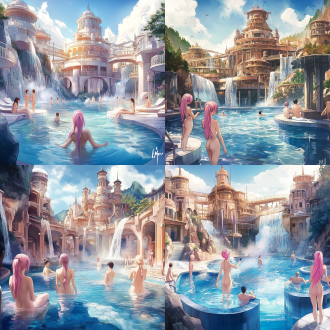 a pool inside the giant palace, long flowing pink hair, depicted as a scifi scene, bathhouse, tall factory, protagonist in foreground, artist rendition, paradise garden massage, fantasy buildings, with several graceful figures in the background，lady luxurious onsens，utopian,from nature journal