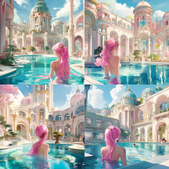 a pool inside the giant palace, long flowing pink hair, depicted as a scifi scene, bathhouse, tall factory, protagonist in foreground, artist rendition, paradise garden massage, fantasy buildings, with several graceful figures in the background，lady luxurious onsens，utopian,from nature journal