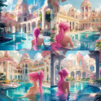 a pool inside the giant palace, long flowing pink hair, depicted as a scifi scene, bathhouse, tall factory, protagonist in foreground, artist rendition, paradise garden massage, fantasy buildings, with several graceful figures in the background，lady luxurious onsens，utopian,from nature journal，close-up face