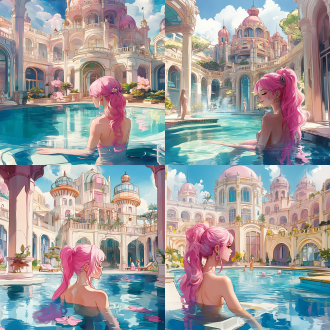 a pool inside the giant palace, long flowing pink hair, depicted as a scifi scene, bathhouse, tall factory, protagonist in foreground, artist rendition, paradise garden massage, fantasy buildings, with several graceful figures in the background，lady luxurious onsens，utopian,from nature journal，close-up face
