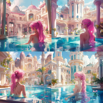 a pool inside the giant palace, long flowing pink hair, depicted as a scifi scene, bathhouse, tall factory, protagonist in foreground, artist rendition, paradise garden massage, fantasy buildings, with several graceful figures in the background，lady luxurious onsens，utopian,from nature journal，close-up face